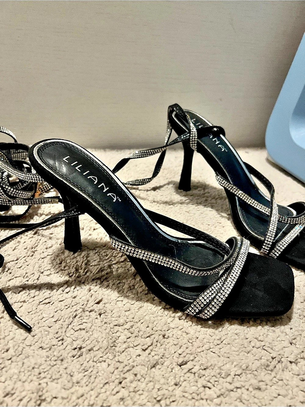 LILIANA Rhinestone Spiral Wrap Stiletto Heel Sandals Heels Black